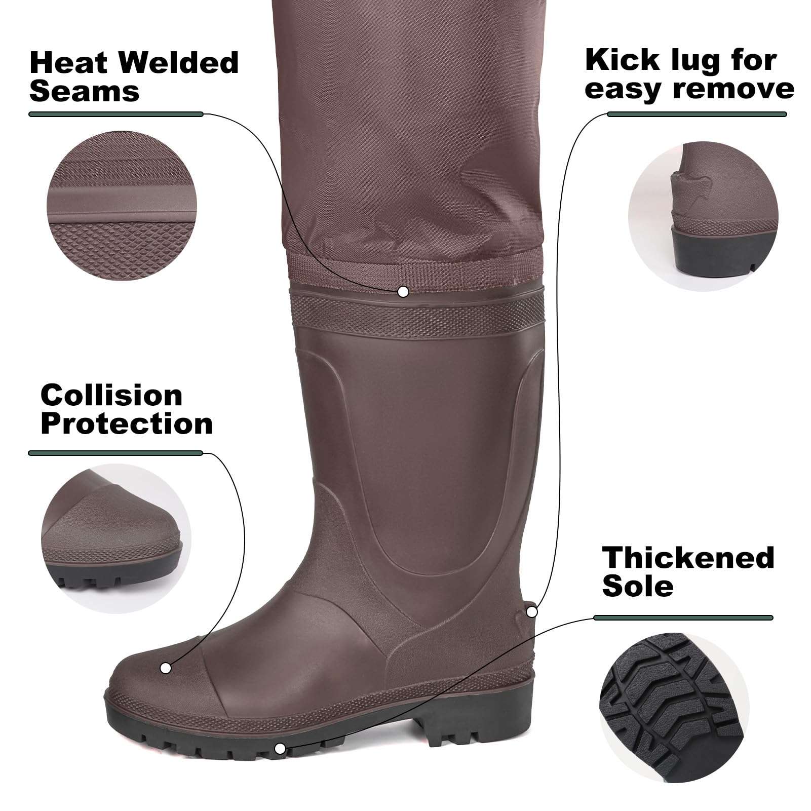 alt="Close-up of Trudave StreamFlex Series hip waterproof wader boots showing heat-welded seams, kick lug for easy removal, collision protection toe, and thickened non-slip sole for fishing and outdoor use"